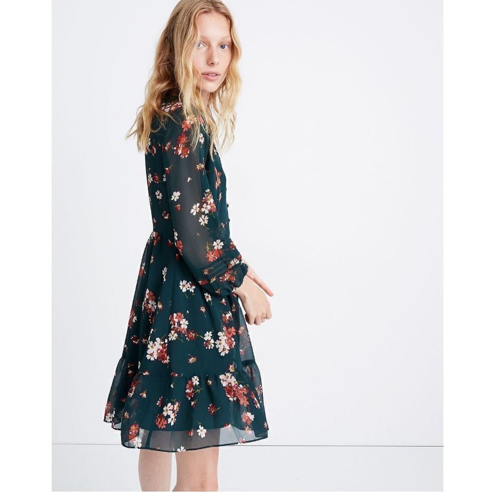 MADEWELL | Sheer-Sleeve Pintuck Ruffle Dress in Spruce Blooms Floral |βSize 4β